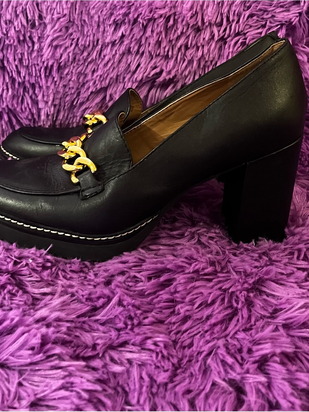 Naturalizer Black Leather Platform Block Heel Loafers with Gold Chain